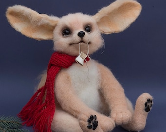 ニードルフェルトのかわいい白いキツネ フェネック、フェルトキツネ