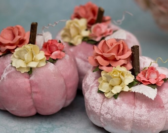 Light Pink Velvet Pumpkin with Flowers ~ Romantic Pink Floral Autumn Wedding Décor