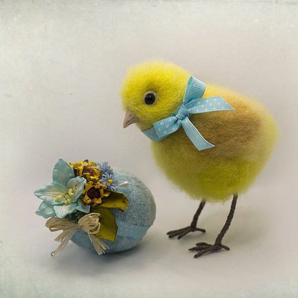 Cute small chick with floral Easter eggs Needle felted Easter chick Handmade wool chick figurine Fluffy yellow chick with an Easter souvenir