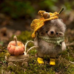 Needle felted hedgehog with a pumpkin cart Cute felted hedgehog in yellow rain boots & oak leaf hat Unique handmade gift for hedgehog lovers