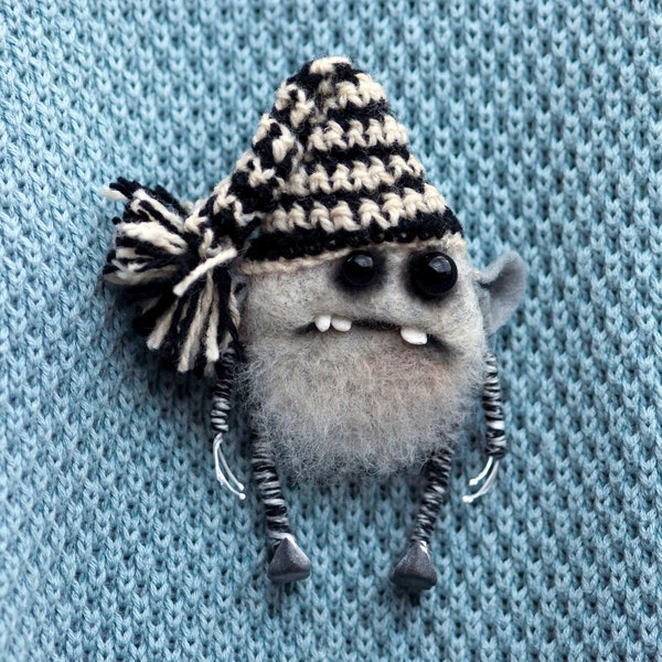 Needle felted brooch «Yeti» Cute felted bigfoot in a knitted hat Handmade monster pin OOAK Halloween brooch Funny festive blazer accessory