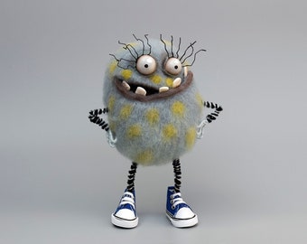 Needle Felted Monster with Big Eyes ~ Soft Sculpture of Funny Spotted Monster in Sneakers