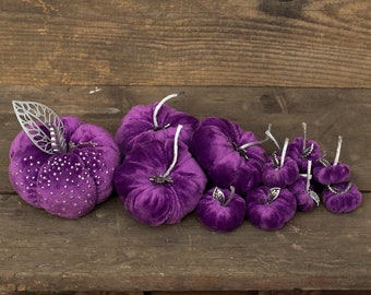 Set of 14 Purple Velvet Pumpkins ~ Handmade Fabric Pumpkin Ornaments ~ Fairy-Tale Autumn Décor