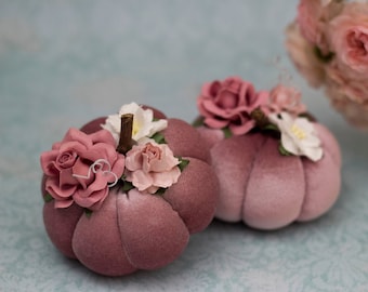 Rose Gold Velvet Pumpkin Decorated with Flowers ~ Handmade Pastel Fabric Pumpkins ~ Floral Autumn Ornaments