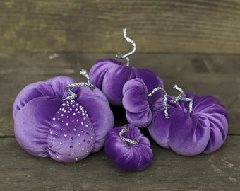 Set of 6 Violet Velvet Pumpkins ~ Handmade Fabric Pumpkin Ornaments ~ Elegant Halloween Décor