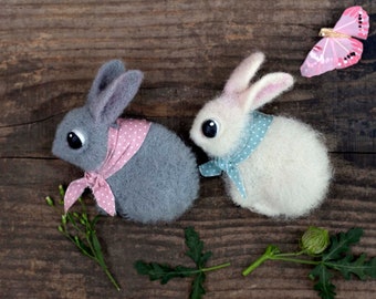 Needle felted brooch «Bunny» White & grey felted rabbit brooches OOAK gift bunny brooch Little woodland animal pin Wonderful bag accessory