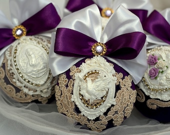 A set of 4 purple & white Christmas tree balls with bow-knots Handmade velvet X-mas tree ornaments Purple-gold lace baubles with fretwork