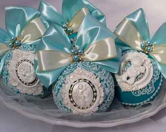 A set of 4 turquoise & white Christmas tree balls with bow-knots Handmade velvet Christmas tree ornaments OOAK lace baubles with fretwork