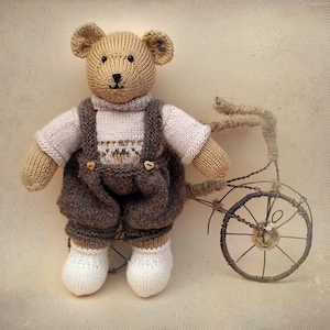 Beige Knitted Bear in Wool Overalls ~ Handmade Stuffed Toy Bear ~ Pastel Nursery Décor