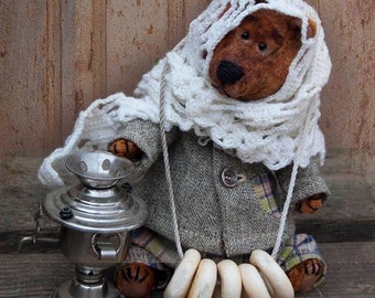Stuffed teddy bear Brown toy bear in warm handknitted clothes Smartly dressed artist teddy bear Collectible teddy bear with a set of clothes