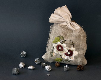 Pastel Linen Pouch with Hand Embroidered Flowers ~ Handmade Floral Fabric Pouch ~ Drawstring Gift Bag