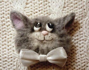 Needle Felted Brooch «Cat with Bow-Tie» ~ Handmade Wool Gift Accessory for Pet Lovers