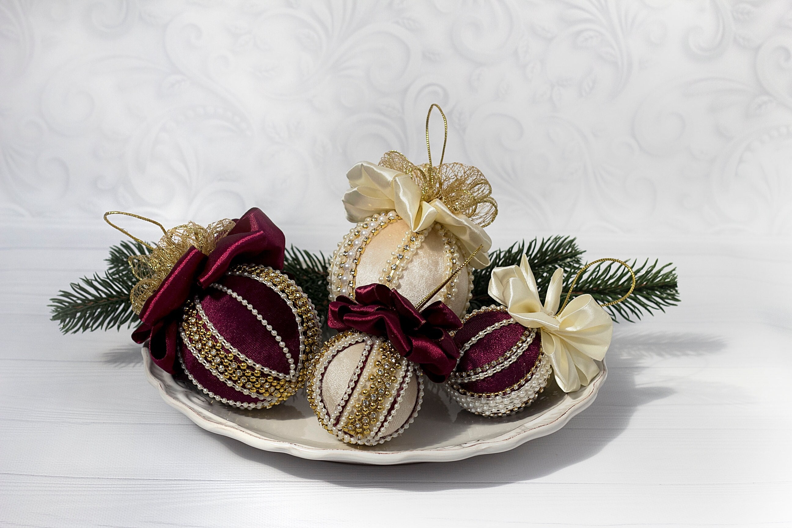Burgundy & cream Christmas tree balls with bow-knots Handmade velvet Christmas tree ornaments with golden rhinestones and nacreous beads
