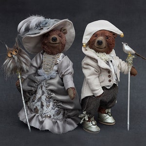 Artist teddy bears Richly dressed bear with a silver staff Collectible bear in a historical costume Stuffed teddy bear in a carnival costume
