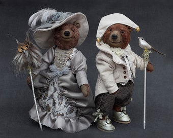 Artist teddy bears Richly dressed bear with a silver staff Collectible bear in a historical costume Stuffed teddy bear in a carnival costume