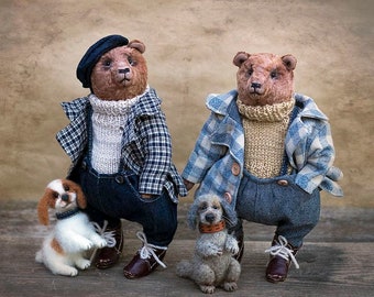 Stuffed teddy bears Collectible dressed teddy bear with a little dog Elderly gentlemen in berets out on an autumn walk with poodle & spaniel