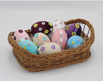 Large velvet Easter eggs Handmade multicoloured Easter eggs Bright floral eggs for Easter baskets Easter eggs with little flower ornaments