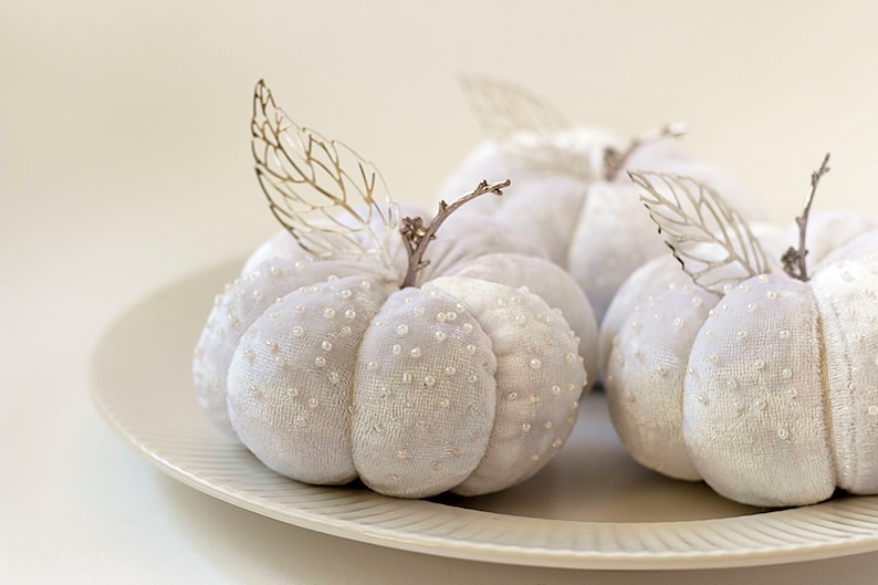 White velvet pumpkins with silver leaves Handmade fabric pumpkins with beads Autumn bridal shower favours Elegant autumn wedding centrepiece image 3