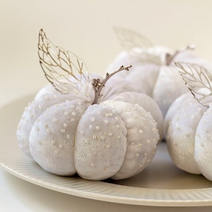 White velvet pumpkins with silver leaves Handmade fabric pumpkins with beads Autumn bridal shower favours Elegant autumn wedding centrepiece