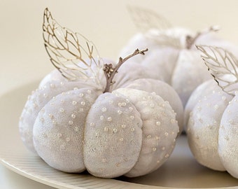 White velvet pumpkins with silver leaves Handmade fabric pumpkins with beads Autumn bridal shower favours Elegant autumn wedding centrepiece