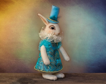 Needle Felted White Rabbit ~ Small Handmade Fairytale-Inspired Rabbit Art Doll ~ Alice in Wonderland Collectible