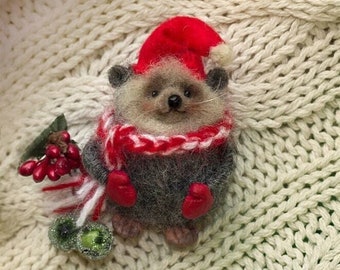 Needle felted brooch «Christmas Hedgehog #3» Handmade wool hedgehog pin Cute hedgie in a Santa hat New Year's gift brooch Festive accessory