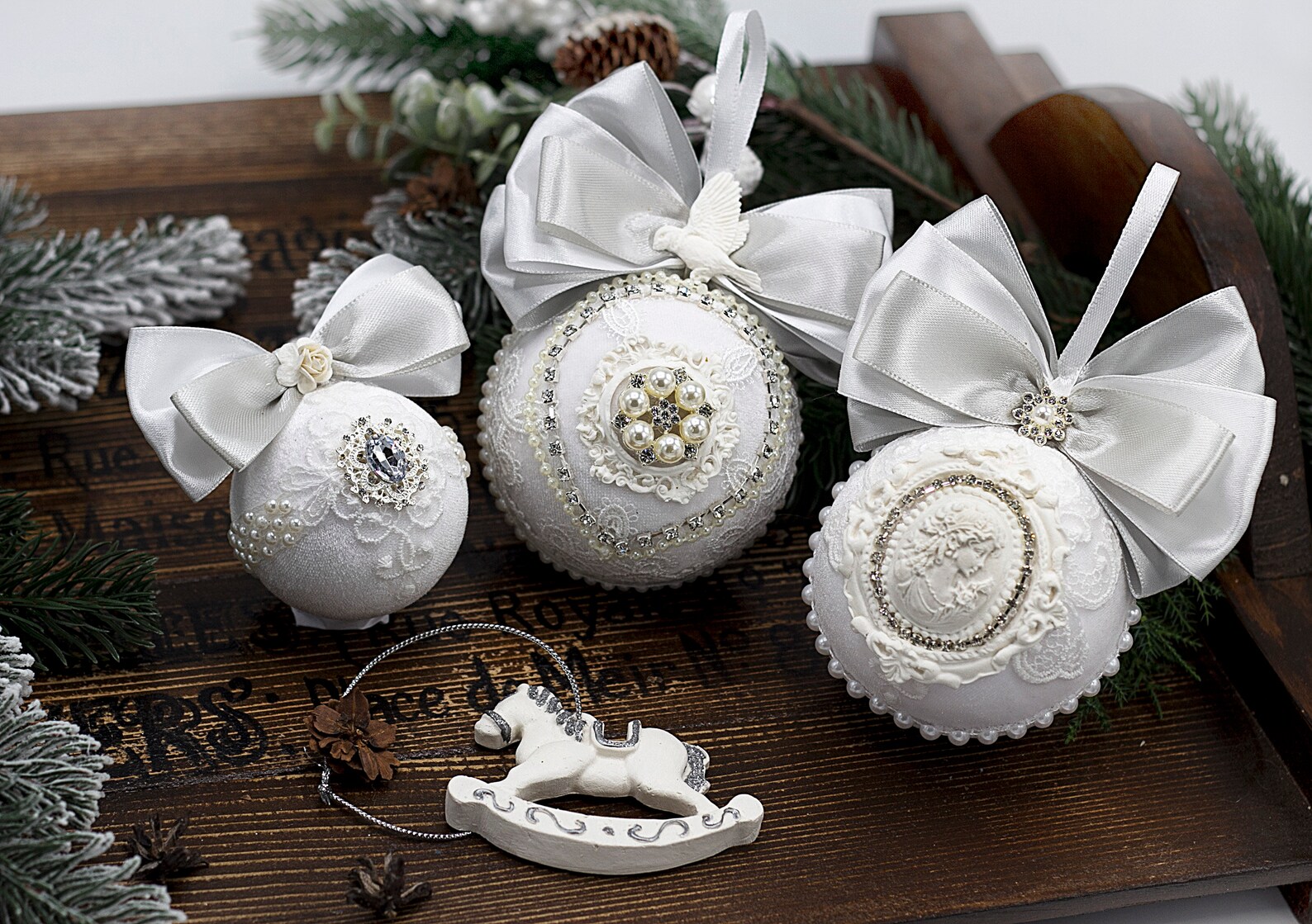 White Christmas tree ornaments Handmade white velvet Christmas Etsy