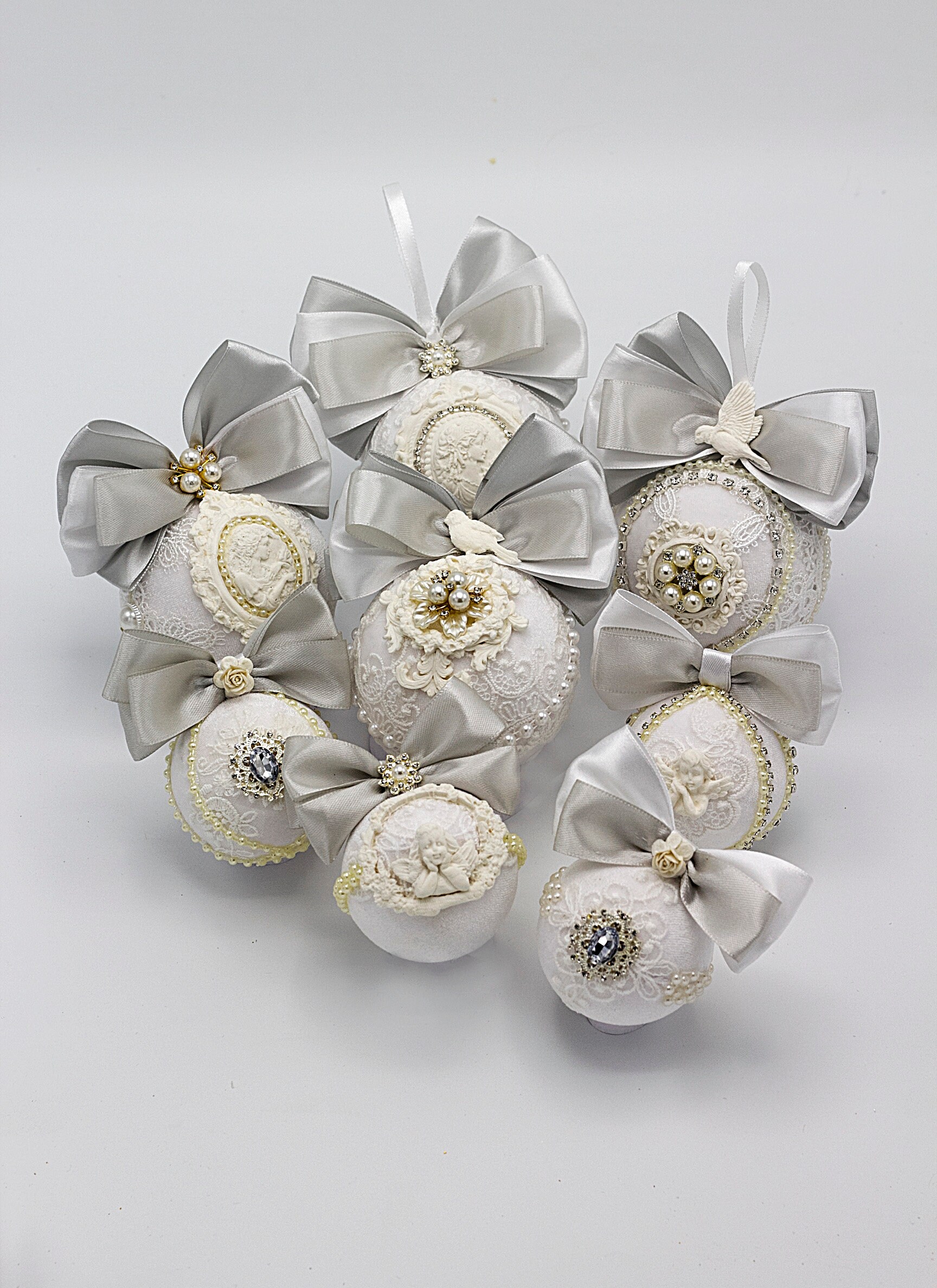 A Set of 24 White Christmas Tree Ornaments Handmade Velvet Etsy