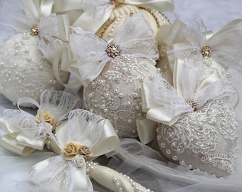 Cream & ivory Christmas tree ornaments Handmade nacreous X-mas decorations with rhinestones Pastel beaded Christmas ornaments with bow-knots