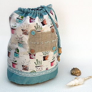 Cotton pouch with botanical print Multicoloured textile pouch Small drawstring storage bag Fabric case for little stuff Embroidered gift bag