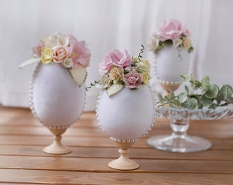 White Floral Velvet Easter Eggs on Stands ~ Handmade Egg Ornaments ~ Elegant Easter Décor