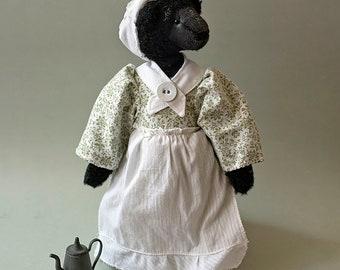 Stuffed teddy bear Lovely toy girl bear in a white flowery dress Handmade artist teddy bear in a maid dress Beautiful black bear housemaid