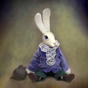 White paper clay rabbit Handmade dressed toy bunny Big white porcelain rabbit from a fairy-tale Molded clay bunny Large clay rabbit figurine