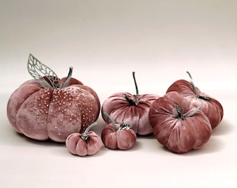 Set of 6 Rose Gold Velvet Pumpkins ~ Handmade Pumpkin Ornaments ~ Pink Halloween Décor