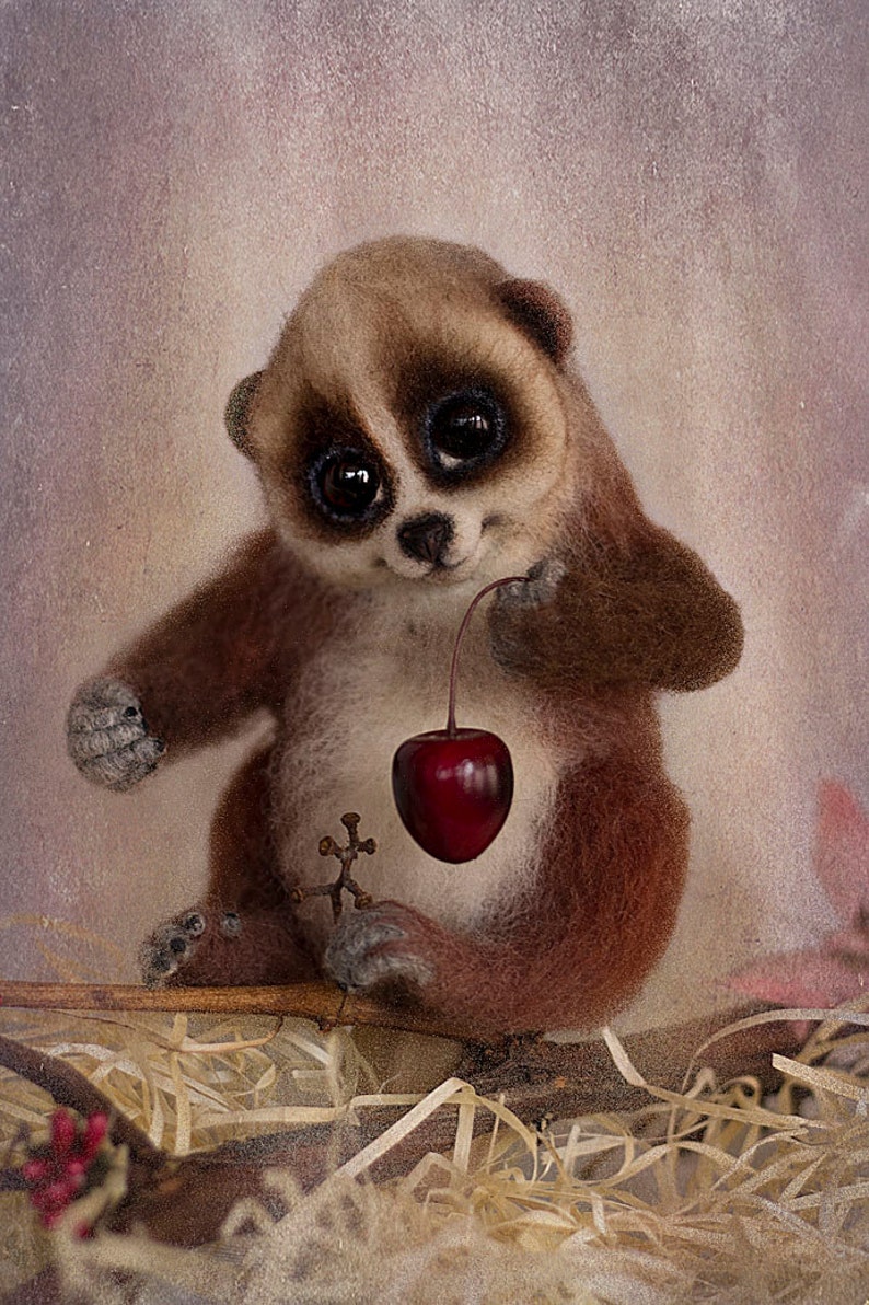 Needle felted slow loris Cute pygmy slow loris Realistic poseable toy loris Fluffy brown primate figurine OOAK little felted tropical animal image 3