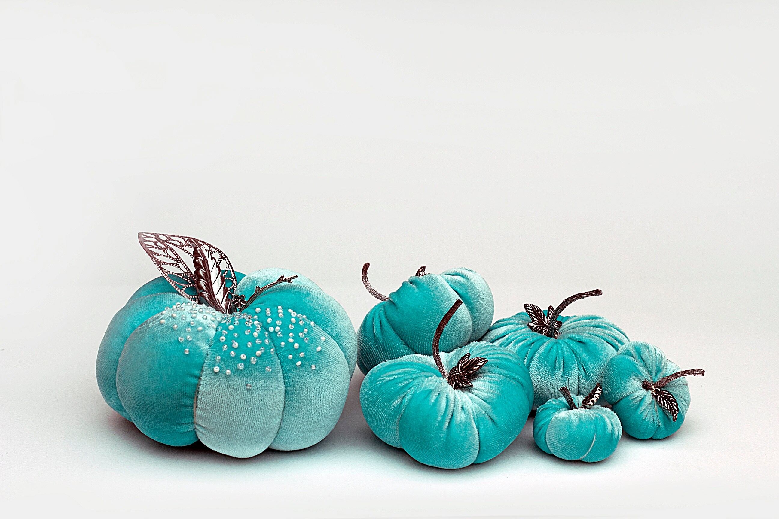 A set of 6 Halloween pumpkins Turquoise velvet pumpkin Etsy