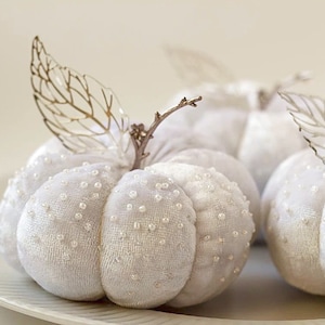 White velvet pumpkins with silver leaves Handmade fabric pumpkins with beads Autumn bridal shower favours Elegant autumn wedding centrepiece large with beads, 4 inches