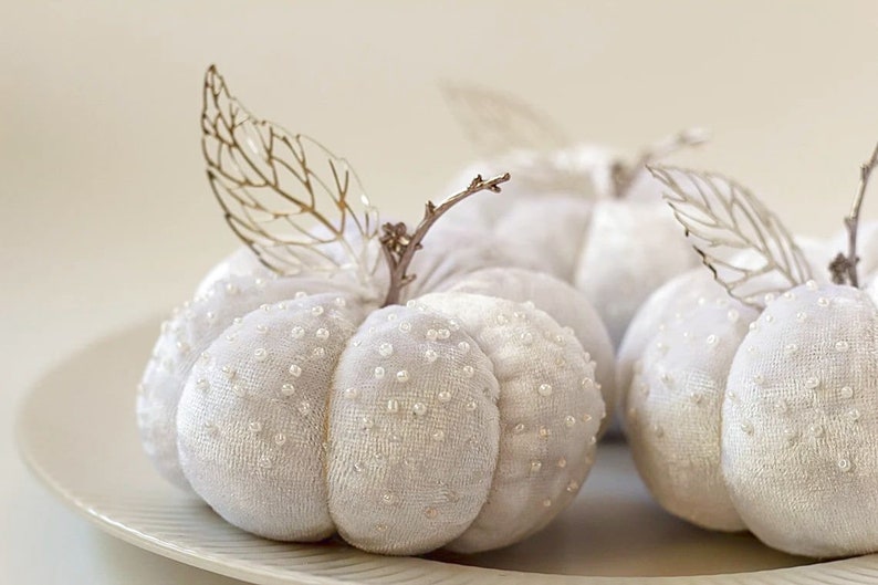 White velvet pumpkins with silver leaves Handmade fabric pumpkins with beads Autumn bridal shower favours Elegant autumn wedding centrepiece large with beads, 4 inches