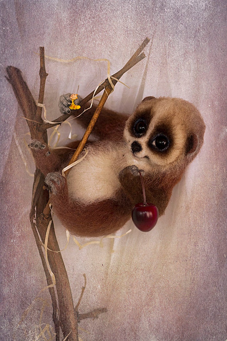 Needle felted slow loris Cute pygmy slow loris Realistic poseable toy loris Fluffy brown primate figurine OOAK little felted tropical animal image 4