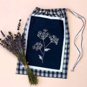 Cotton pouch with botanical print Floral drawstring storage bag Blue checked textile pouch Fabric case for little stuff Embroidered gift bag
