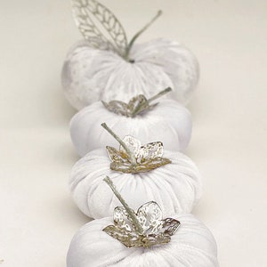 White velvet pumpkins with silver leaves Handmade fabric pumpkins with beads Autumn bridal shower favours Elegant autumn wedding centrepiece image 5