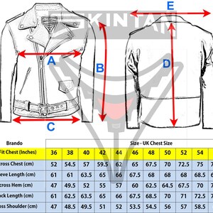 May include: A size chart for a leather jacket with measurements in inches and centimeters. The chart shows the measurements for the chest, sleeve length, hem, back length, and shoulder.