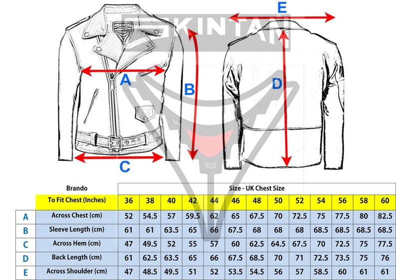 May include: A size chart for a leather jacket with measurements in inches and centimeters. The chart shows the measurements for the chest, sleeve length, hem, back length, and shoulder.