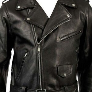 May include: A black leather motorcycle jacket with a zipper closure, a belt at the waist, and multiple pockets.