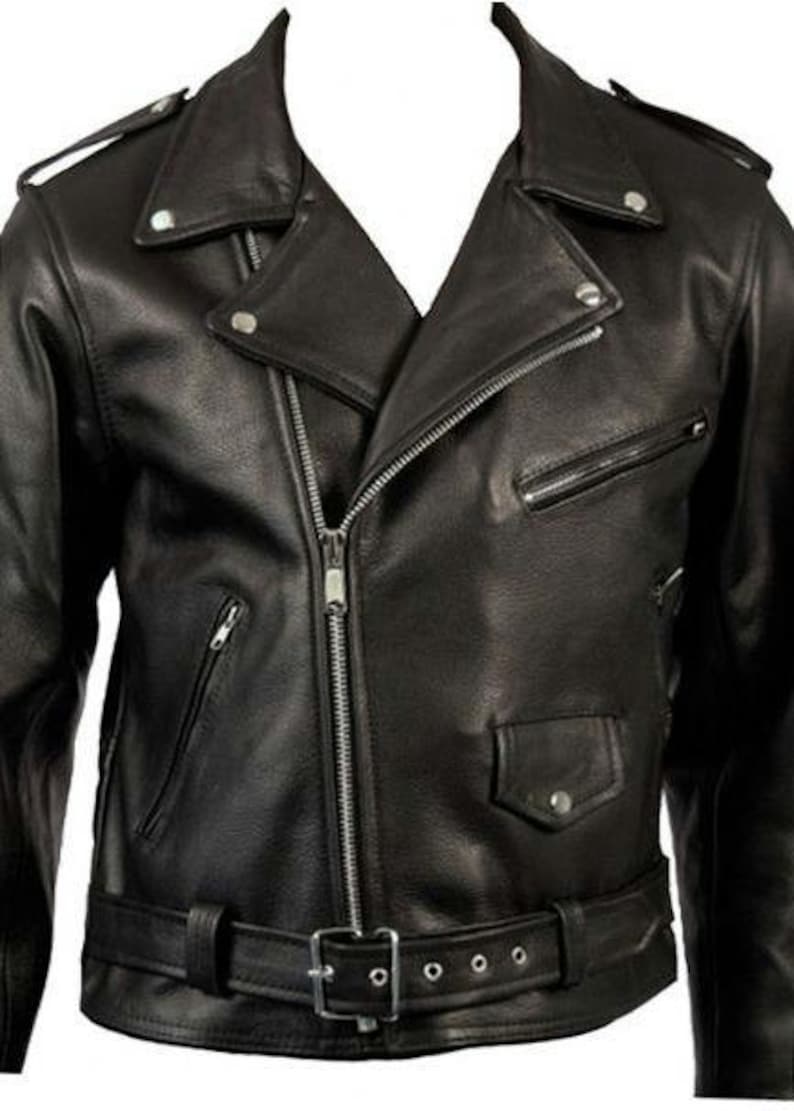 May include: A black leather motorcycle jacket with a zipper closure, a belt at the waist, and multiple pockets.