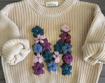 Chunky Flower Initial Sweater — Hand Embroidered