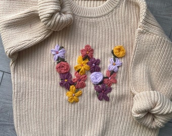 Chunky Flower Initial Sweater — Hand Embroidered