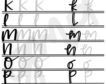 May include: Hand lettering practice sheet with the letters J, K, L, M, N, O, P, Q, and R written in black ink on white paper. Each letter is repeated three times on a separate line.