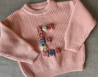 Chunky Flower Initial Girl Sweater — Hand Embroidered