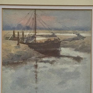 Framed Watercolour Painting by E.M.Fry &quot;Jetty&quot;(Boat At Low Tide). Early 20thC